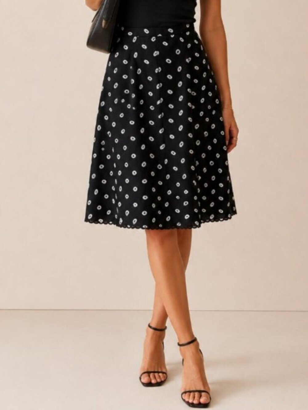 Andrew Gn Black Wool Graphic Print Midi Skirt Scalloped Hem Quiet Luxury‎